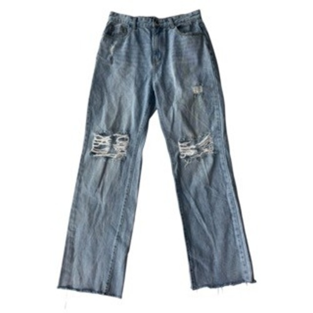 PRETTYLITTLETHING Light Wash Distressed Ripped Wide Leg Jeans Women's Size US 10